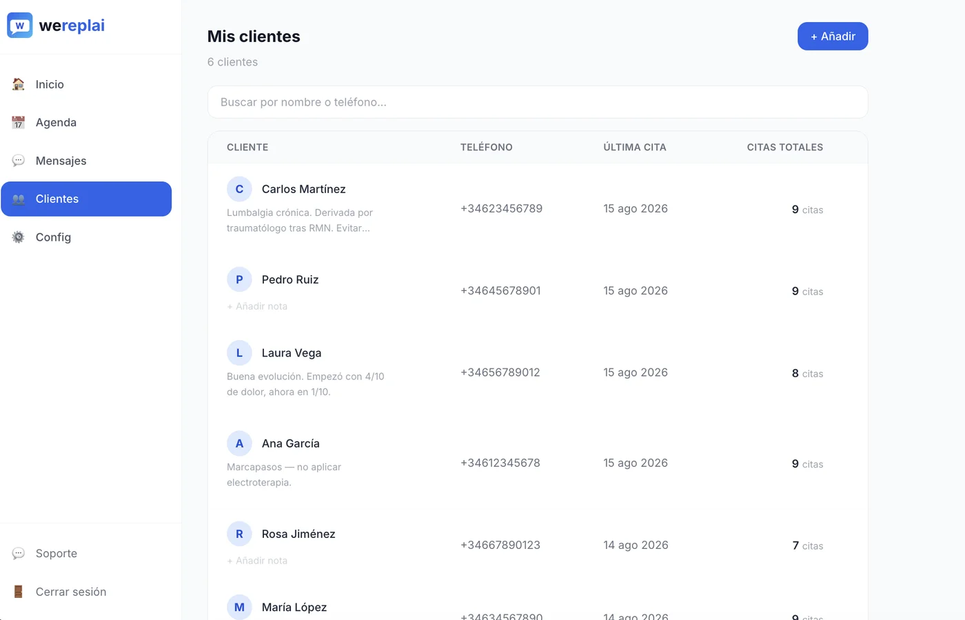Lista de clientes del panel de Wereplai con historial de citas