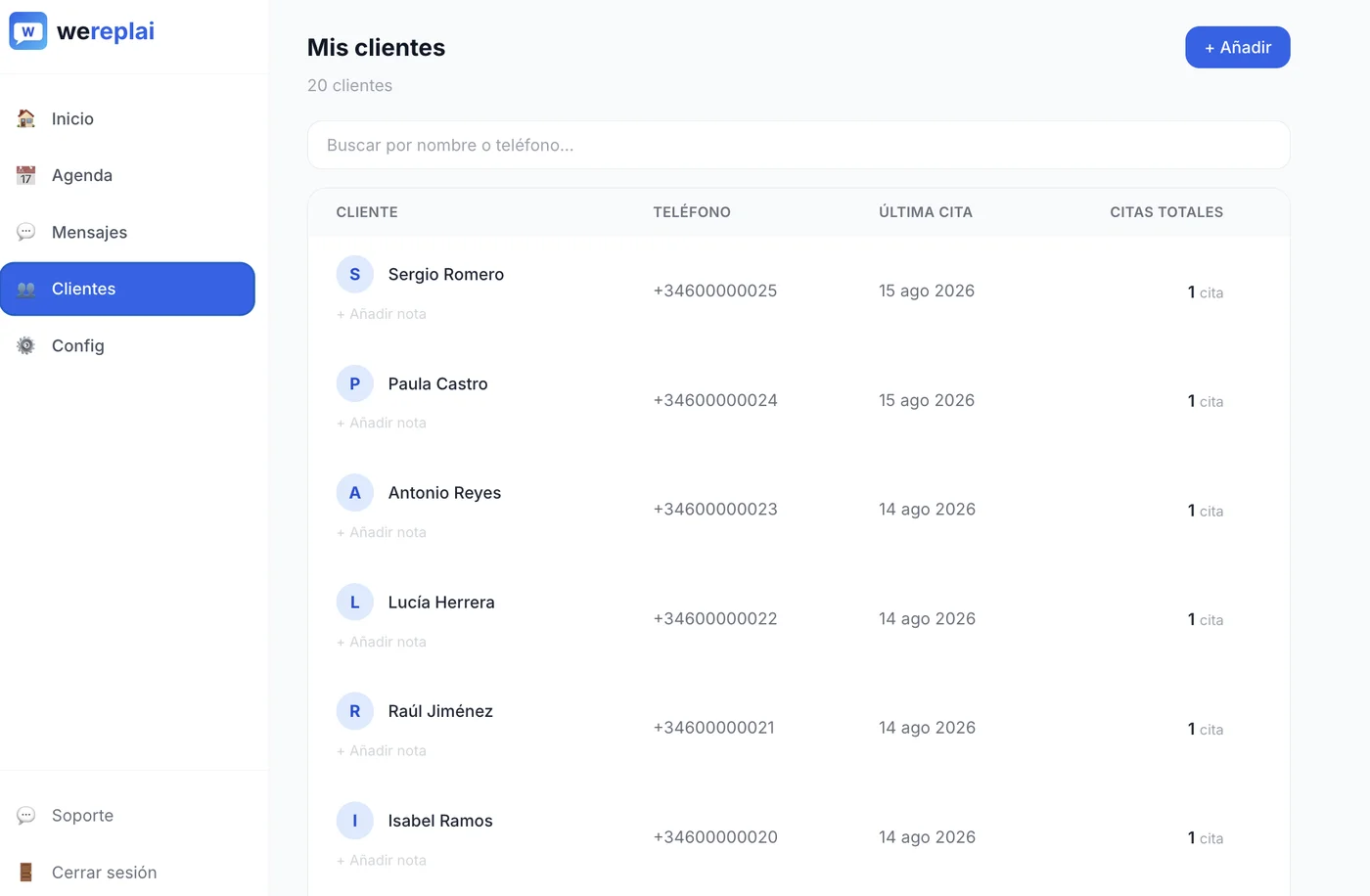 Lista de clientes del panel de Wereplai con historial de citas